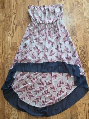 (M) Strapless High-Lo Dress Geometric Boho Vacation Wedding Chiffon Flirty Flowy